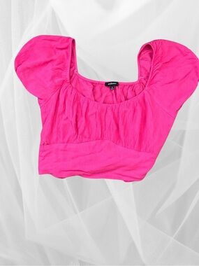 Unknown Brand Hot Pink Puff Sleeve Crop Top with wrap around belt.